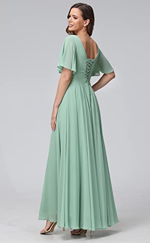Seim Womens Flutter Sleeve Chiffon Bridesmaid Dresses Plus Size With Slit Ruched Burgundy V-Neck Formal Dress For Bridesmaid With Pockets 16W #TOP3