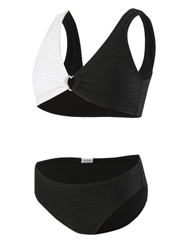 Yhong Traje de baño para niña, color liso, agujero frontal, bikini texturizado, traje de baño de dos piezas, traje de baño de verano, blanco y negro, 134-140