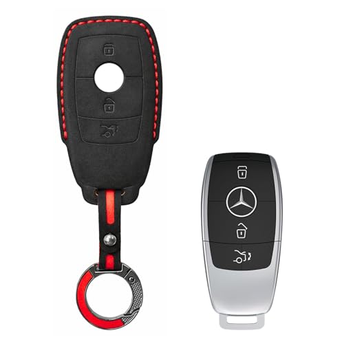 Image of KMH Alcantara Car Key Cover Compatible with Mєrcєdєs W205, E320L, C200, C180, C260, C300 Series Model 3 Buttons Shell Case Holder Full Key Protector Smart Keycover with Keychain, Black - Pack of 2
