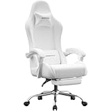 Dowinx ゲーミングチェア ゲーム用 PUレザー 通気性 フラットな座面 オフィスチェア オットマン ヘッドレスト 腰当て付き テレワーク 勉強椅子 椅子 145°リクライニング 高さ調節 疲れない 人間工学 ソファー座り心地 在宅ワーク リモート 腰痛対策 クリームホワイト ホワイト LS-66D58F-02