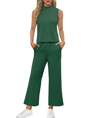 Image of SAMPEEL Two Piece Sets for Women Summer Outfits Lounge Sets Mock Neck Tops Wide Leg Crop Pants Vacation Travel Outfits