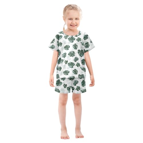 ALAZA Green White Leaves Pajama Set Short Sleeve Sleepwear Soft Lounge Nightwear3