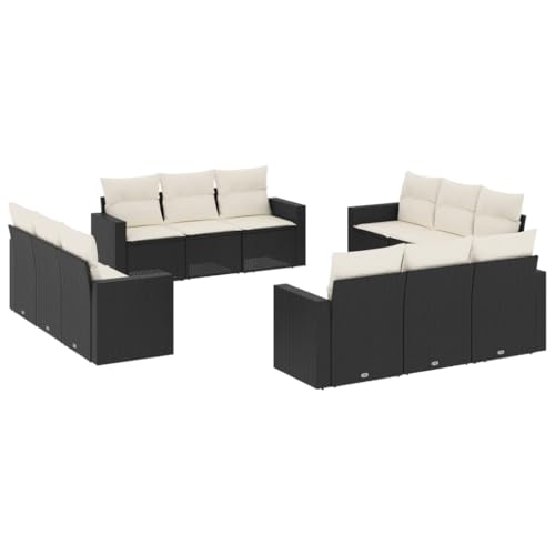 vidaXL Garten Sofa Garnitur 12-TLG., Gartenmöbel Set mit Kissen, Sitzgruppe für Garten Terrasse, Modular Gartensofa Lounge, Schwarz Poly Rattan