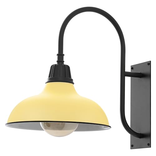 Image of JONATHAN Y 12.25 inch Matte Yellow /Black 1-Light Farmhouse Gooseneck Outdoor Wall Sconce Lamp, with Black Metal Bowl Shade, Industrial Iron LED Porch Light for Patio Garage Entryway (JYL7614H)