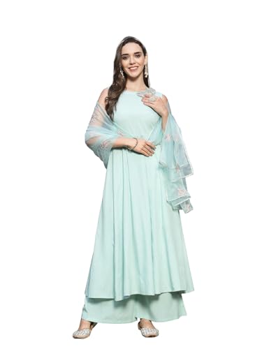 Image of Stylum Women's Solid & Embellished Rayon Flared Kurta Palazzo Dupatta Set