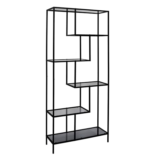 HOME DECO FACTORY - HD0085 Étagère Verre Trempé Noir - Design Industriel Vintage, 5 Niveaux de Rangement pour Salon, Chambre ou Bureau - 80 x 30 x 180 cm -...