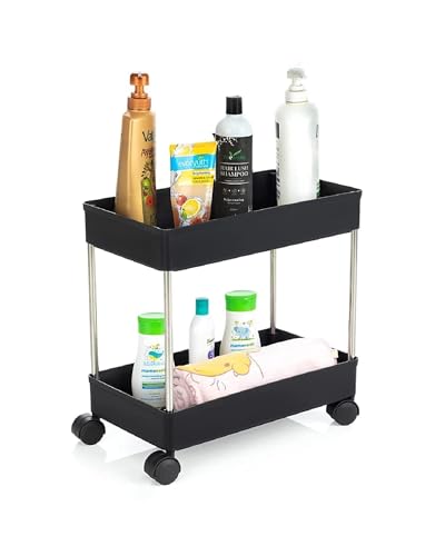 Image of Multipurpose 2-Tier Storage Shelf, Storage Rack with Wheels, Storage Organizer Cart for Kitchen, Pantry Closet, Bedroom, Bathroom(2 Layer,Black)