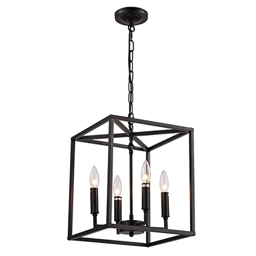 Kaerdi 4-Light Industrial Farmhouse Chandelier Lantern Hanging Light Fixtures Square Metal Cage For Kitchen Island Dining Room Living Room Bedroom，Black #TOP6