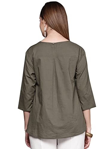 Image of ishin Women's Olive Embroidered High-Low Regular Fit Top