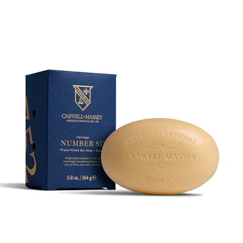 Caswell-Massey Number Six Natural Bar Soap for Men, Moisturizing Body Soap Bar for All Skin Types, Made with Essential Oils & Plant-Based Formula for Soft Skin, Made in USA, 5.8 oz