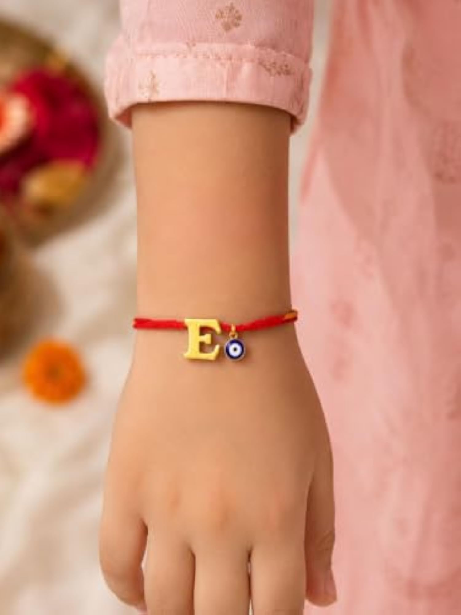 E Letter Gold Plated Initial Charm Rakhi Bracelet for Bhai
