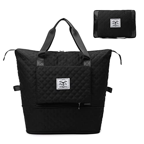 Large Capacity Folding Travel Duffel Bag, Expandable Sports Gym Bag, Portable Lightweight Dry Wet Waterproof Oxford Fabric Weekender Shoulder Bag for Sports Gym Vacation(Black)