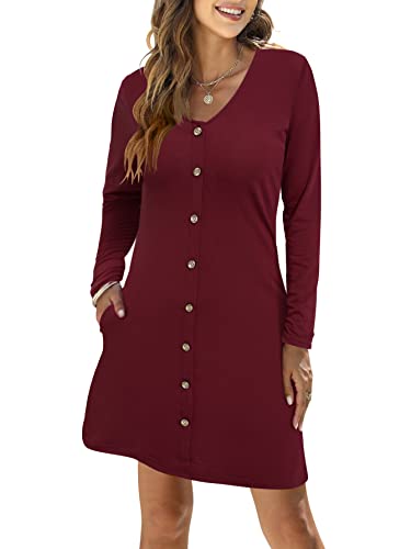 Solersun Striped T Shirt Dresses For Women Plus Size, Women's Casual Striped T-Shirt V Neck Long Sleeve Loose Fit Mini Dress With Pockets Wine Red Xxl #TOP1