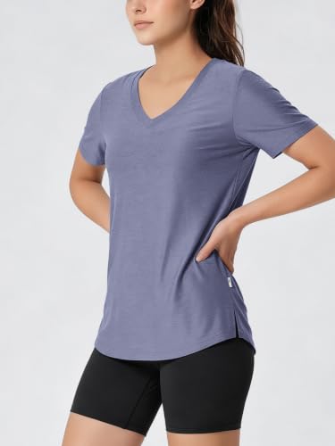 Image of ODODOS Women's Short Sleeve Performance V-Neck Tunic Tops, Ultra Soft odSTRATUM Tech Tee, Side Slit Relaxed T-Shirts