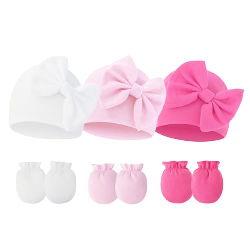 Image of Fecawd Newborn Baby Hats Mittens Sets Bow Infant Caps Gloves No Scratch Mitten Beanie Set for 0-6 Months Girls