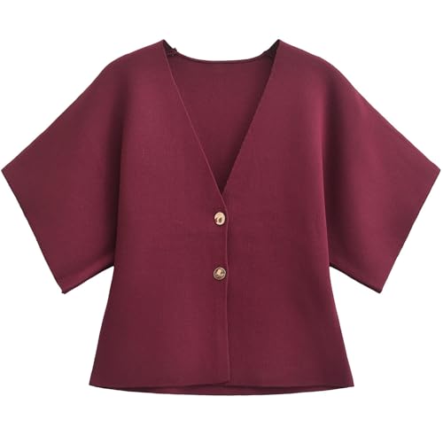 Image of Wyeysyt Short Sleeve Cardigans for Women, Knit V-Neck Button Front Solid Color Sweater Top (Red-S)