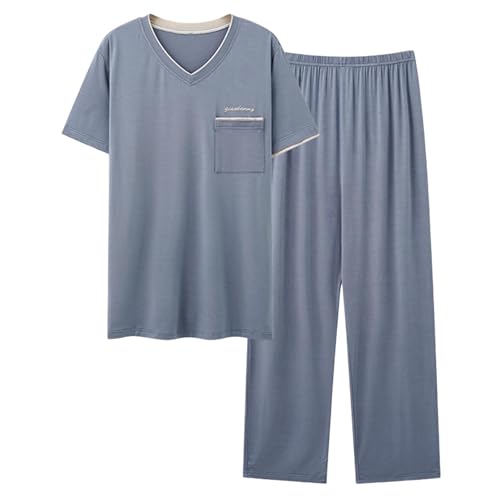 Cambkatl V Neck Pajamas Set for Men Ultra-Soft Modal Short Sleeve Sleepwear Matching Summer 2Pcs Loungewear Pjs Sets
