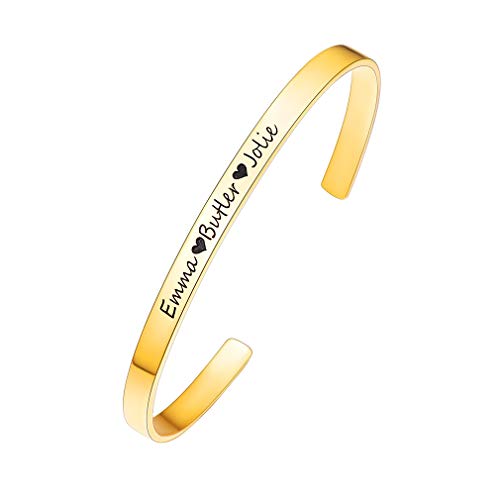 Custom4U Personalized Cuff Bracelets Custom Name Bangle Bracelet Inspirational Words Text Any Message Engraved Memory Jewelry Customized Gifts for Women BFF (Gift Box) 7.1-Gold Color