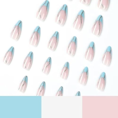 Image of Glitter Press on Nails Blue French Tip Fake Nails Medium Almond False Nails with Shiny Line Design Glossy Glue on Nails Artificial Acrylic Nail Stick on Nails for Women Girls Manicure 24Pcs