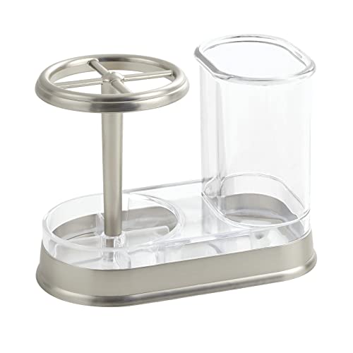 Image of mDesign Decorative Bathroom Dental Storage Organizer Holder Stand for Electric Spin Toothbrush /Toothpaste - Compact Design for Countertop and Vanity, Holds 4 Standard Brushes - Clear /Brushed