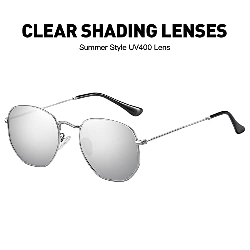 Polarized Hexagon Sunglasses for Women Men Metal Frame Square Small Polygon Sun Glasses UV400 Protection (A) Silver-Silver Mirror Lens3