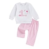 MAHUAOYIXI Toddler Baby Boy Girl First Birthday Outfit Long Sleeve Number Goose/Balloons Embroidered Sweatshirts and Plaid Pants 2Pcs 1st First Birthday Clothes for Little Boys (Pink, 12-18 Months)