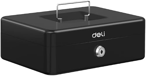 Deli Cash Box with Lock 8.5×25×18cm, Portable Metal Money Organizer, Black