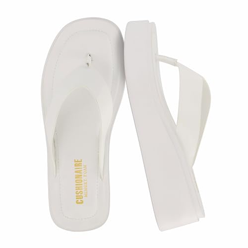 CUSHIONAIRE Pippin Chunky Platform Flip Flops, Stylish Wedge Flip Flops for Women with Cushioned Footbed and Durable Sole, WHITE 10
