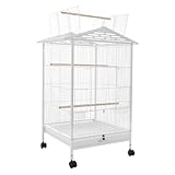 JAYEUW Vogelvoliere Metall Voliere für Papageien Mittleren Kleinen Vogelkäfig Open Top und Roll Stand Zimmervoliere inkl.Sitzstangen, Futternapf Schmutzwanneneinsatz 46 * 46 * 86cm Weiß