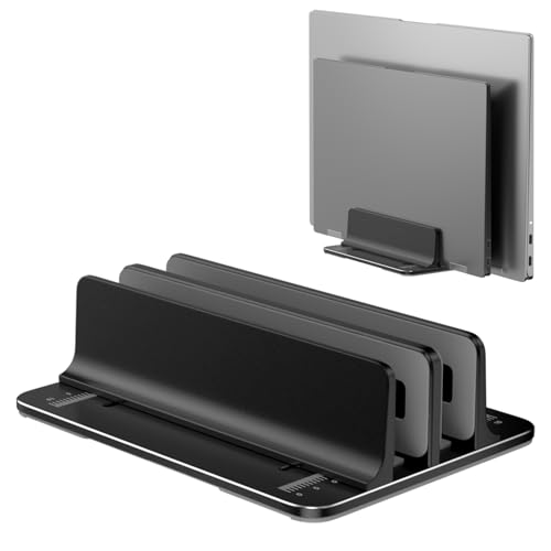 GleYo Vertical Laptop Stand for Desk Aluminum Book Holder with Adjustable Double Slot Desktop Accessories for MacBook Pro/Air Gaming Laptops Black