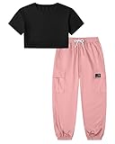 Crop Tops for Womens, Short Sleeve Black + Pink Cargo Jogger Pants Outfits 2pcs Clothes Set，Cute Clothes for Teen Girls, Small
