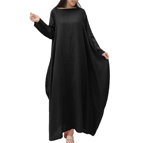 Image of Women's 2025 Spring 100% Linen Long Dress with Long Sleeve Maxi Dress Casual Loose Fitin Solid Color Pockets