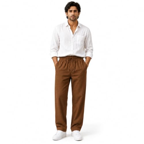 Image of Linen Pants for man || Relaxed Fit Casual Trousers for Men || Men's Lightweight Breathable Pants || Elastic Waist with Drawstring || All Season Pant for Regular, Travel & Office Wear