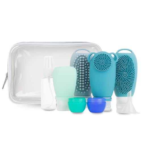 Halsgroves 9-Piece Silicone Travel Bottles Set – Leak-Proof 100ml Squeeze Containers with Built-in Exfoliating Brush – TSA Approved Toiletry Accessories for Shampoo & Lotion