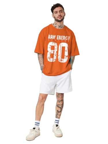 Image of LEOTUDE Men Half Sleeve Round Neck Graphic Font Printed Cottonblend Oversized Tshirts (Colour: Orange)