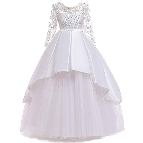 FMYFWY Girls Applique Tulle Lace Long Sleeve Dress Princess Wedding Birthday Pageant Party Communion Prom Long Maxi Ball Gown