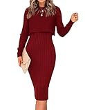 Ezbelle Women's Raglan Sleeves Crop Sweaters Ribbed Knit Crewneck Midi Bodycon Sexy Pencil Party Cocktail Business Dress Set Burgundy Small