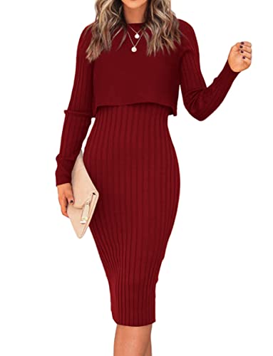 Ezbelle Womens Crewneck Long Sleeve Elegant Sexy Bodycon Midi Dress Ribbed Knit 2 Pieces Plain Outfits Winter Tank Sweater Burgundy Medium