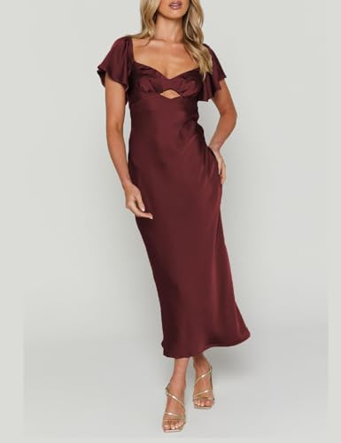Image of Summer Satin Flutter Sleeve Wedding Guest Dresses for Women Sweetheart Neckline Cutout Tie Back Midi Cocktail Dress