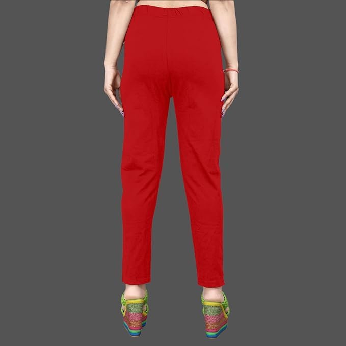 Image of Women's Solid Cotton Lycra Pants-High Waist Slim Fit Stretchable Leggings - Comfortable Long Trousers for Casual, Office & Everyday Wear