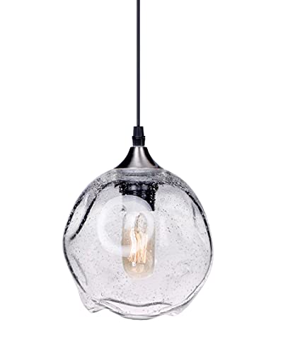 CASAMOTION Pendant Lights Kitchen Island Art Glass Snowflake Lighting Over Dining Room Table Modern Clear seeded Bubbles Ceiling Hanging Fixture Over Sink Brush Nickel 7 Inch Diam