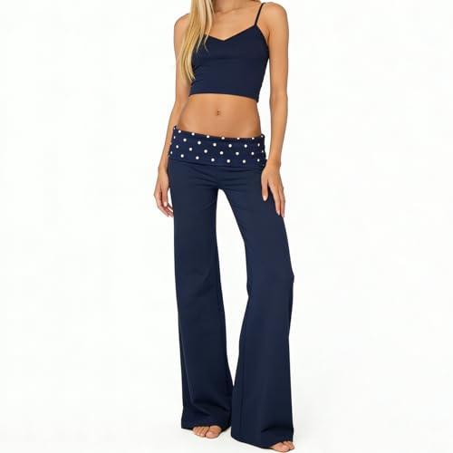 Image of Lounge Yoga Pants for Women Fold Over Low Waist Wide Leg Bell Bottoms | Y2K Foldover Pants, Flare Leggings, Low Rise Yoga Sweatpants
