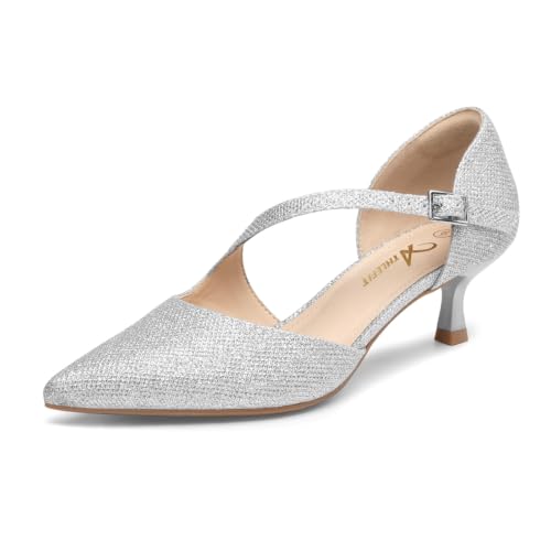 Athlefit Women's Low Kitten Heel Pumps Dress Shoes Silver Glitter 8 by Athlefit - Used condition - US$34.03