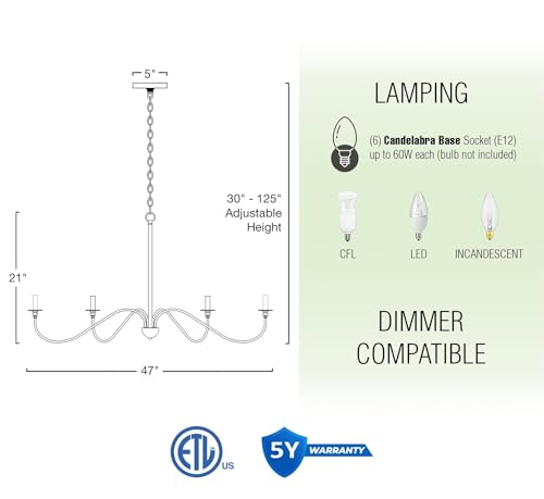 Kira Home RVL-CC7006-6-CB Archer 47 Inch 6-Light Large Modern Chandelier + Curved Arms, Adjustable Hanging Height, Cool Brass Finish thumb #3