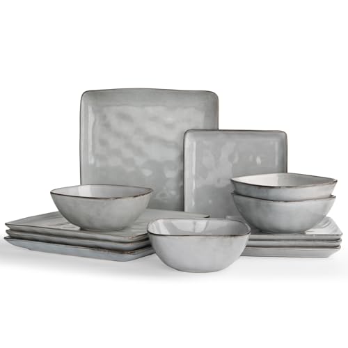 Richmount Ocean Service de table en faïence pour 4 personnes, 12 pièces, set d'assiettes carrées, service combiné avec vernis réactif, service de table résistant aux rayures, Gris