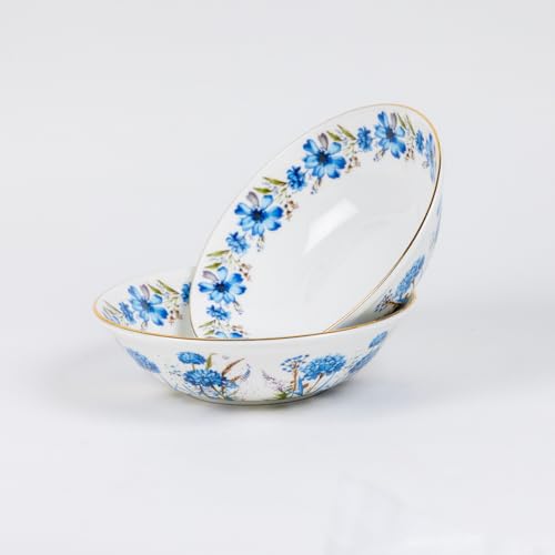 Image of GOLDEN QUEEN'S Bowls Set of 2 | Ideal for Snacks, Noodles, Ramen, Salad, Cereals, Rice | Microwave Safe | Handcrafted - Blue Floral in Wild Bush