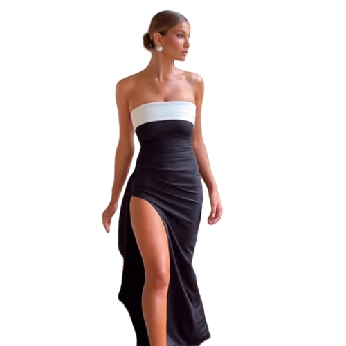 Image of Women's Sexy Strapless Backless High Split Long Maxi Dress Ruched Off Shoulder Sleeveless Bodycon Party Cocktail Dresses