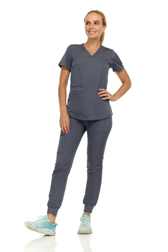 MediChic Scrubs for Women's V-Neck Scrub Set with Six Pocket Ribbed Cargo Jogger Pants with 4-Way Stretch