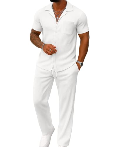 UOUA Mens 2 Piece Outfit Casual Short Sleeve Button Down Shirts & Loose Pants Summer Beach Vacation Sets Classic White XL