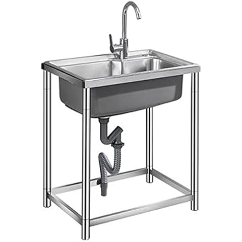 BBTF Kitchen Sinks Stainless Steel Single Bowl with Drainer and Tap Commercial Sink Unit with Thickened Screwless Mounting Bracket Robust and Durable, 48*35cm Cover